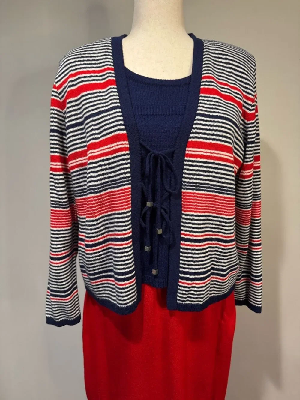 San Remo Vintage Knit Skirt Set Red Navy Striped Cardigan & Shell Petite S/M